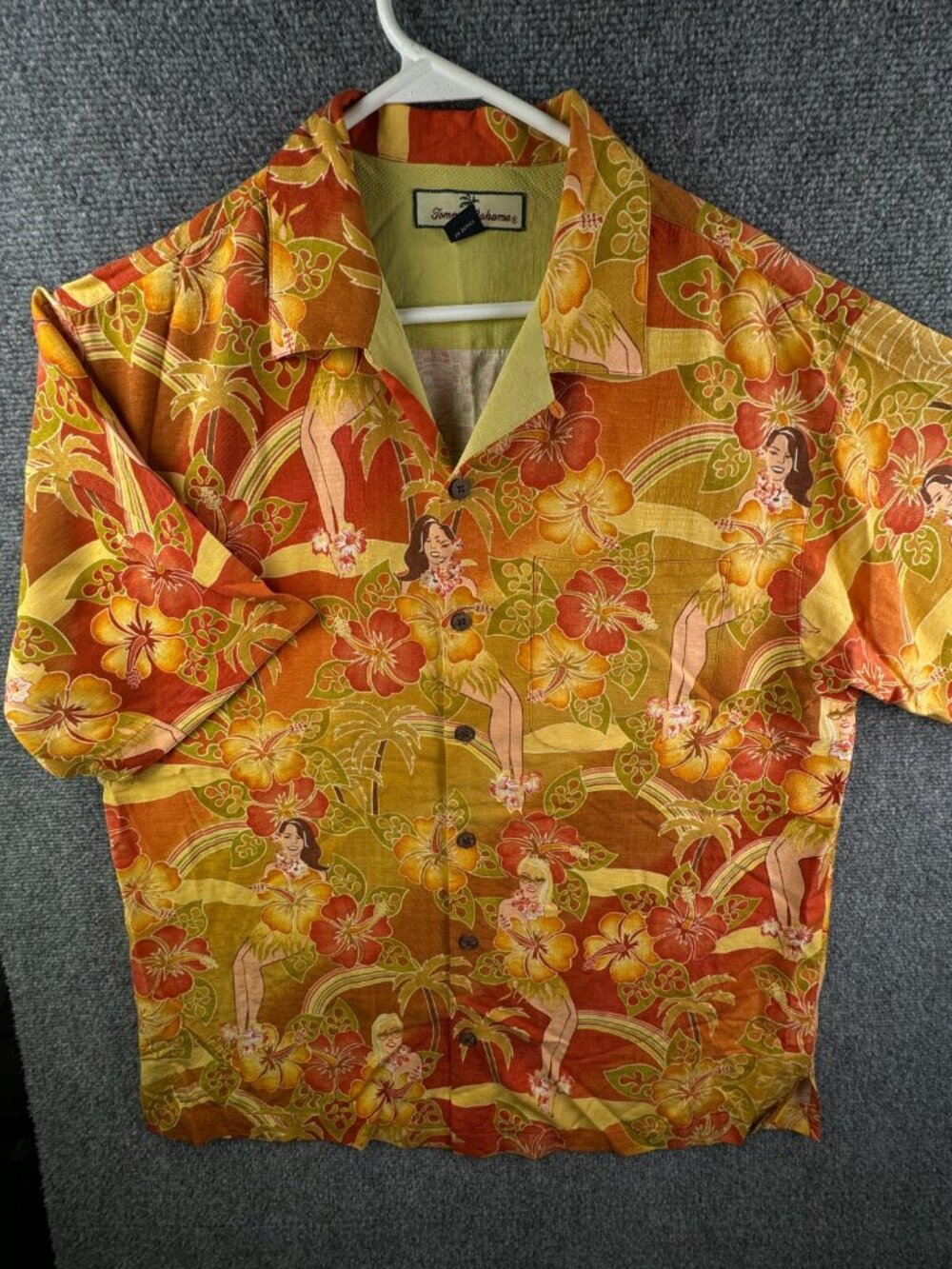 Tommy Bahama Luau Dancing Print Orange Silk Shirt Medium Hawaiian Hula Lady